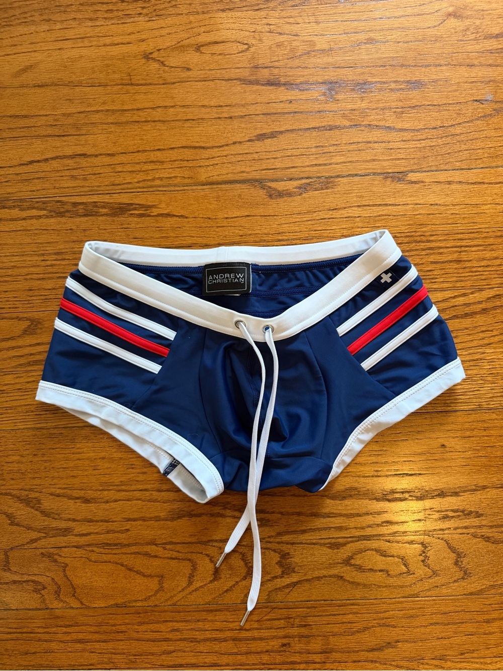 Andrew Christian Navy Blue Swim Briefs with White Waistband and Red Accent
